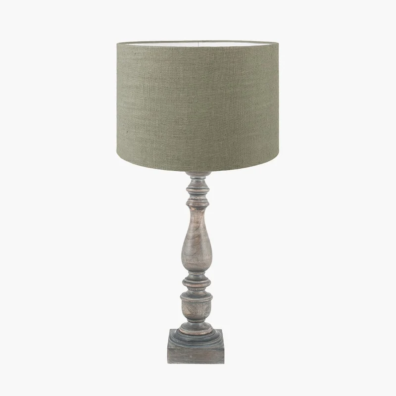 Alia Grey Wash Turned Mango Wood Table Lamp Base with Edward 40cm Pistachio Green Linen Cylinder Lampshade