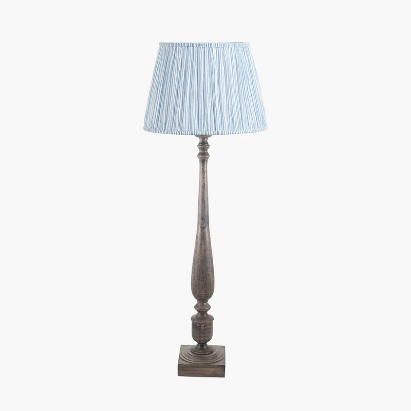 Alia Grey Wash Turned Mango Wood Floor Lamp Base with Thiago 45cm Ocean Blue Stripe Mushroom Pleat Tapered Lampshade
