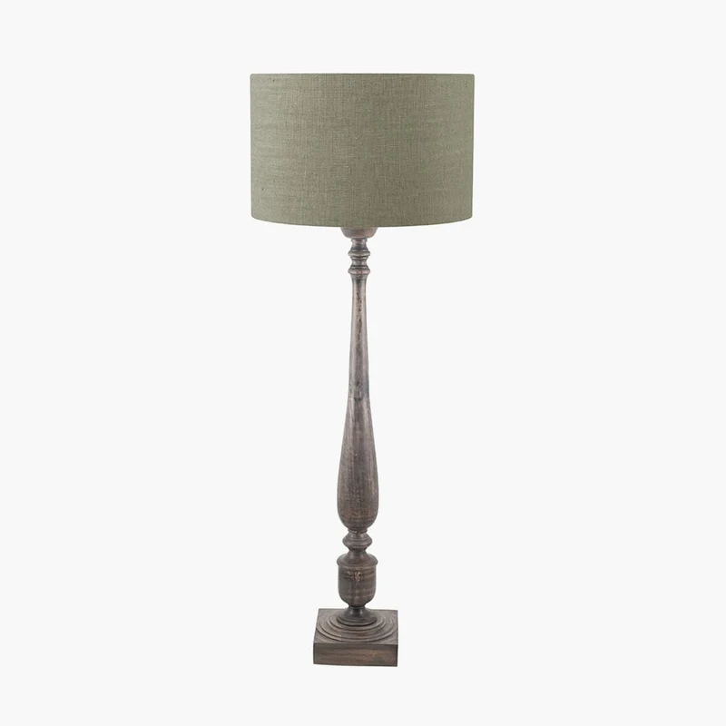 Alia Grey Wash Turned Mango Wood Floor Lamp Base with Edward 45cm Pistachio Green Linen Cylinder Lampshade