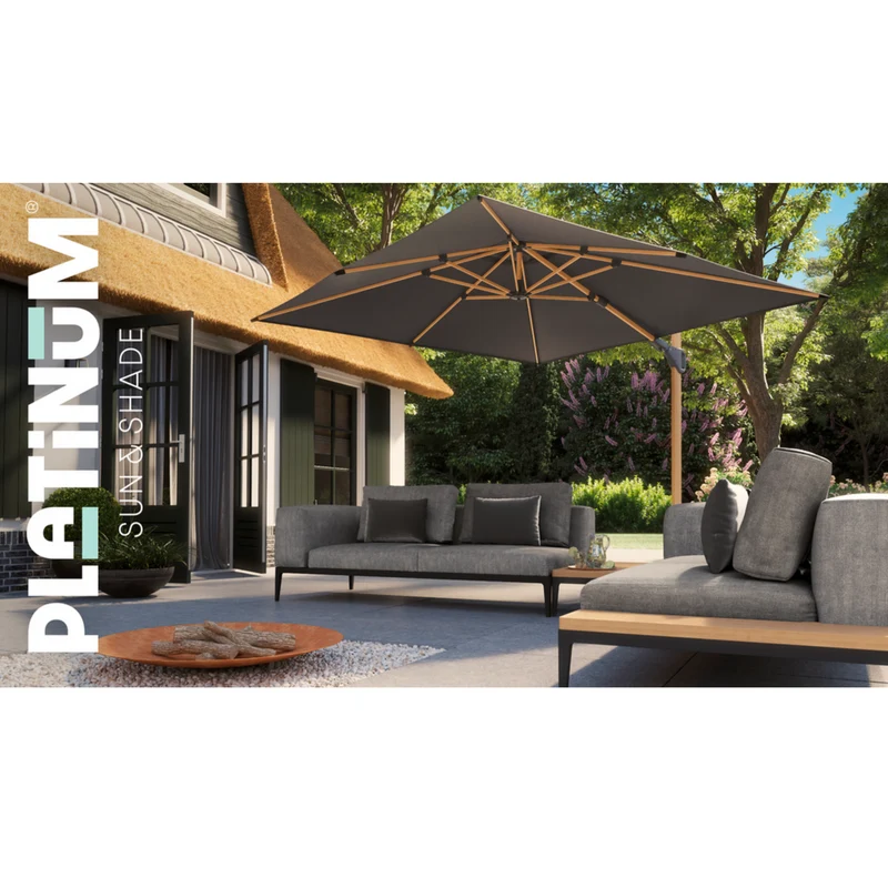 Platinum Sun & Shade zweefparasol Challenger T² Teak look frame, 300x300 Faded black.