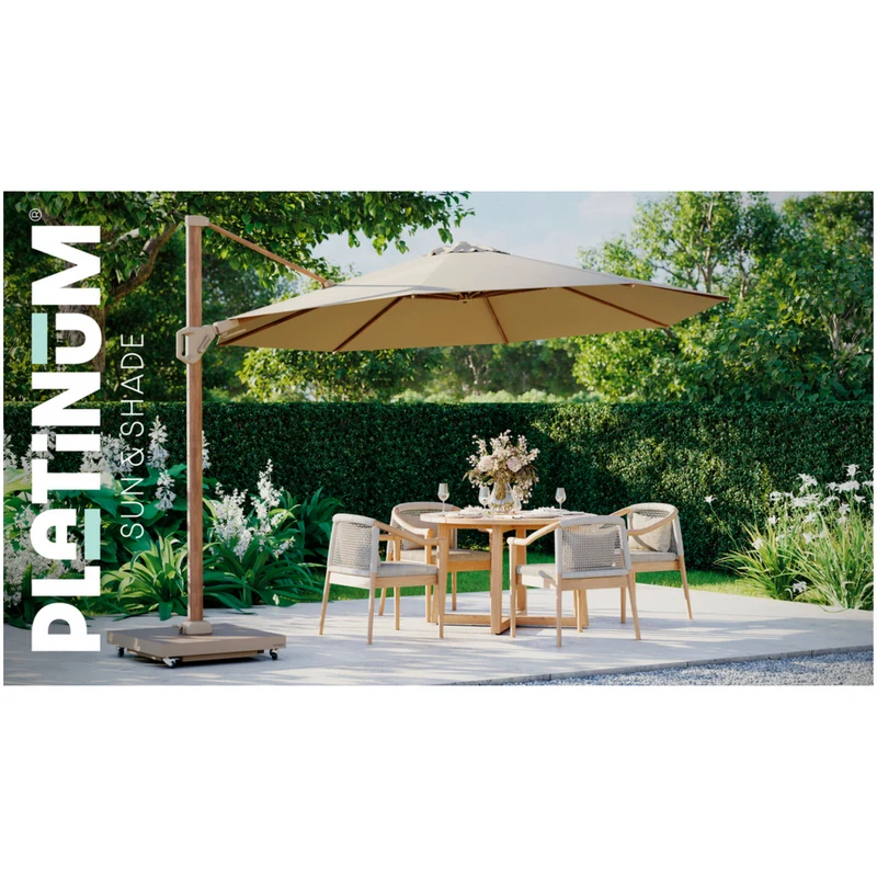 Platinum Sun & Shade zweefparasol Challenger T² Teak look frame, 300x300 Champagne.