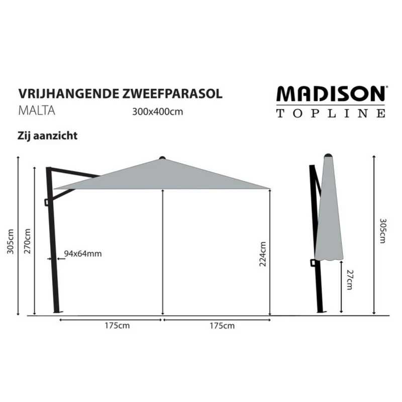 Madison zweefparasol Malta 300x400cm vierkant Taupe