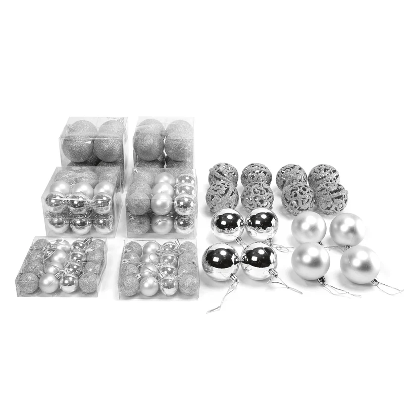 Kerstballen set Zilver - 100 Kerstballen met verschillende afwerkingen