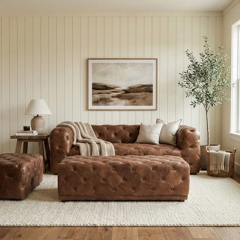 Hoxton Brown Leather Rectangle Chesterfield Ottoman