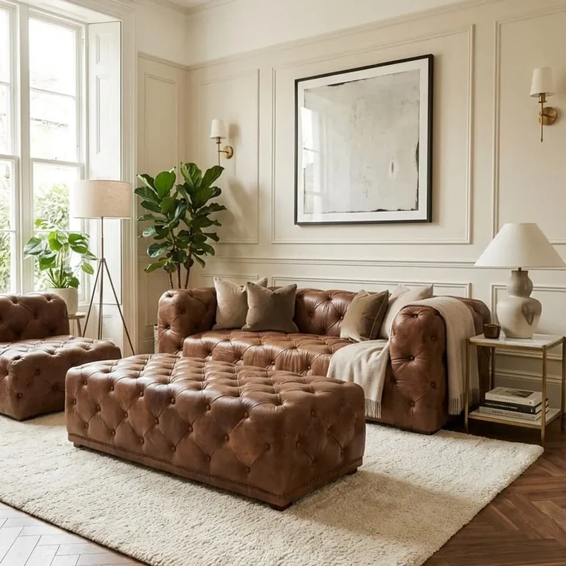 Hoxton Brown Leather Rectangle Chesterfield Ottoman