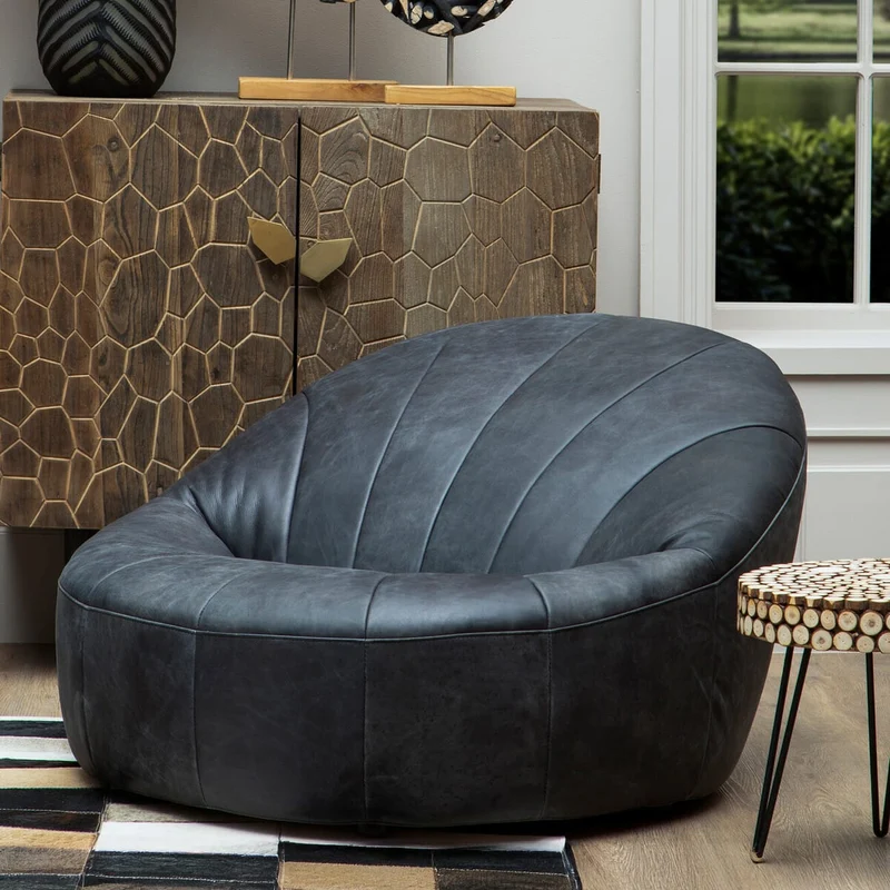 Hoxton Antique Black Leather Lounge Cocoon Chair
