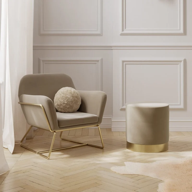 Lara Beige Velvet Small Pouffe | OUTLET