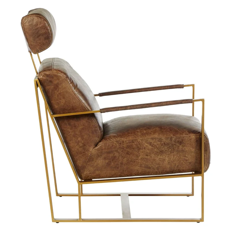 Hoxton Brown Leather Lounge Chair with Rose Gold Iron Frame