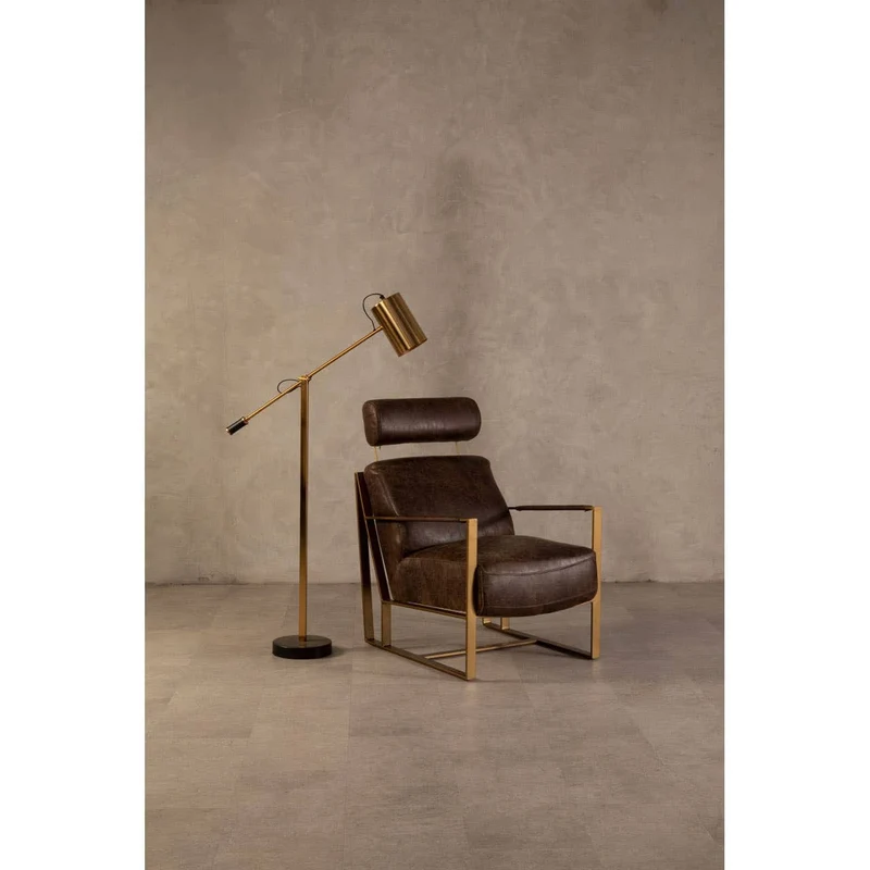 Hoxton Brown Leather Lounge Chair with Rose Gold Iron Frame