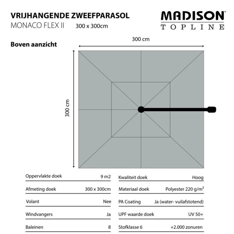 Madison Zweefparasol Monaco flex III 300x300cm taupe