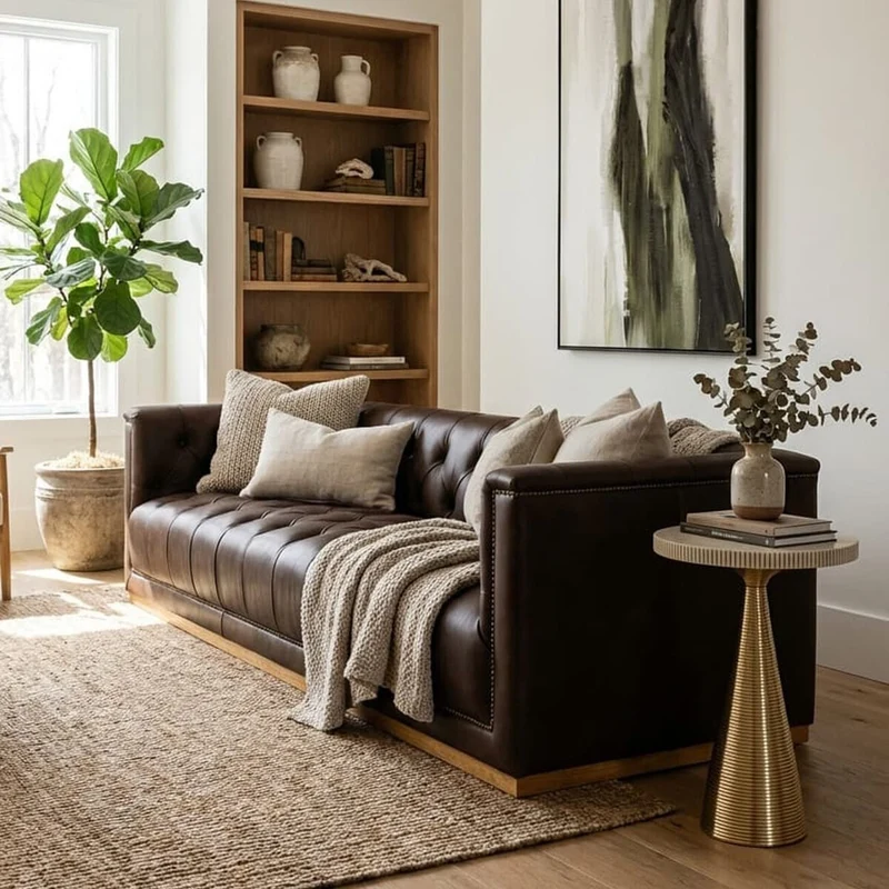 King Three Seater Modern Chesterfield Dark Brown Leather Sofa