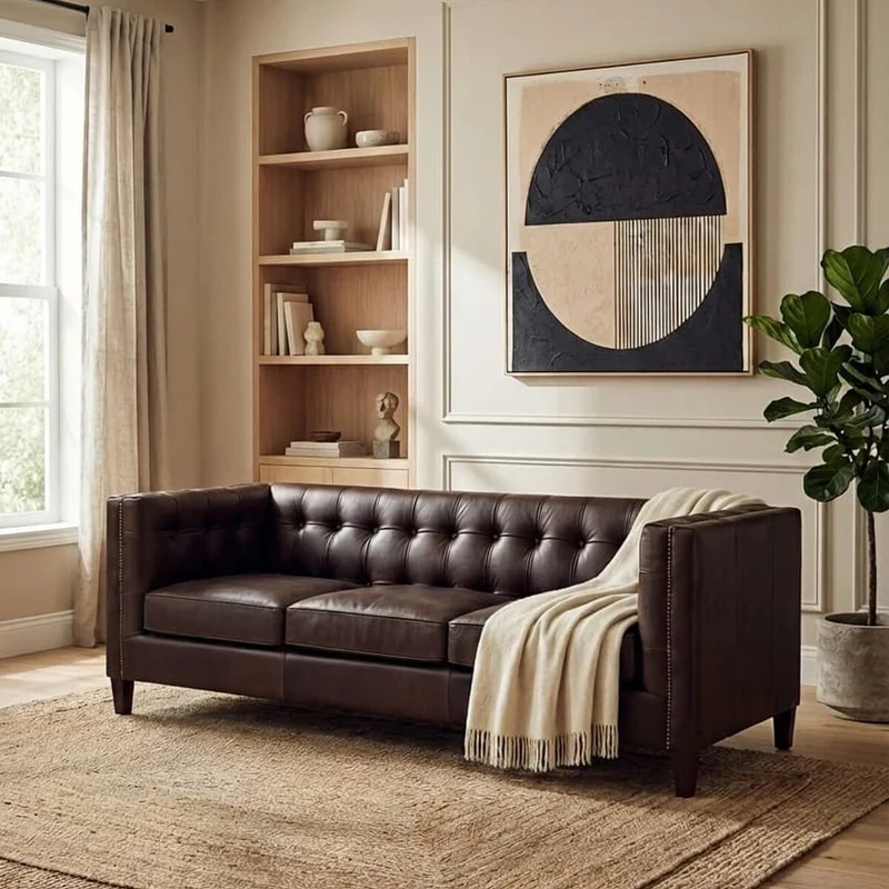 King Three Seater Dark Brown Leather Modern Chesterfield Sofa