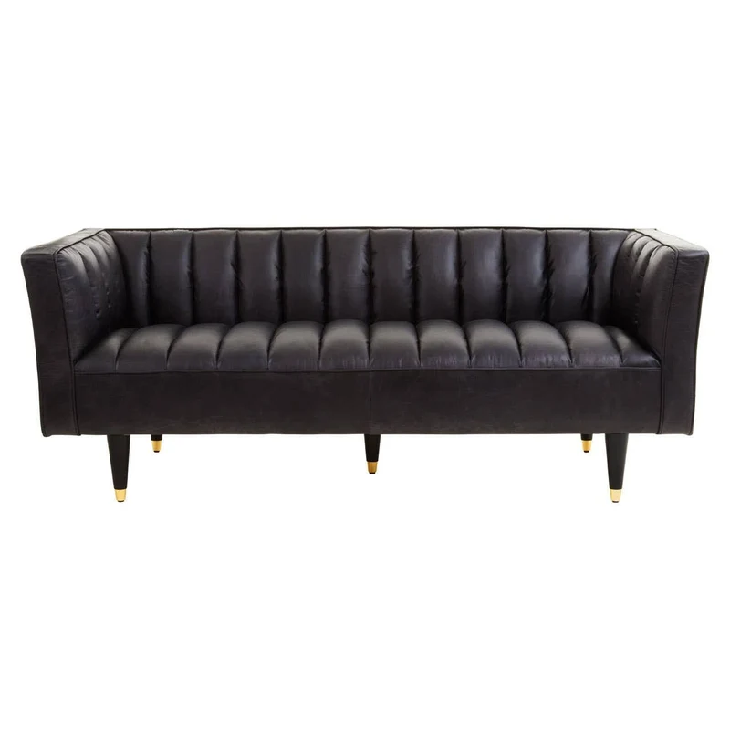 King Three Seater Black Leather Sofa With Flared Arms