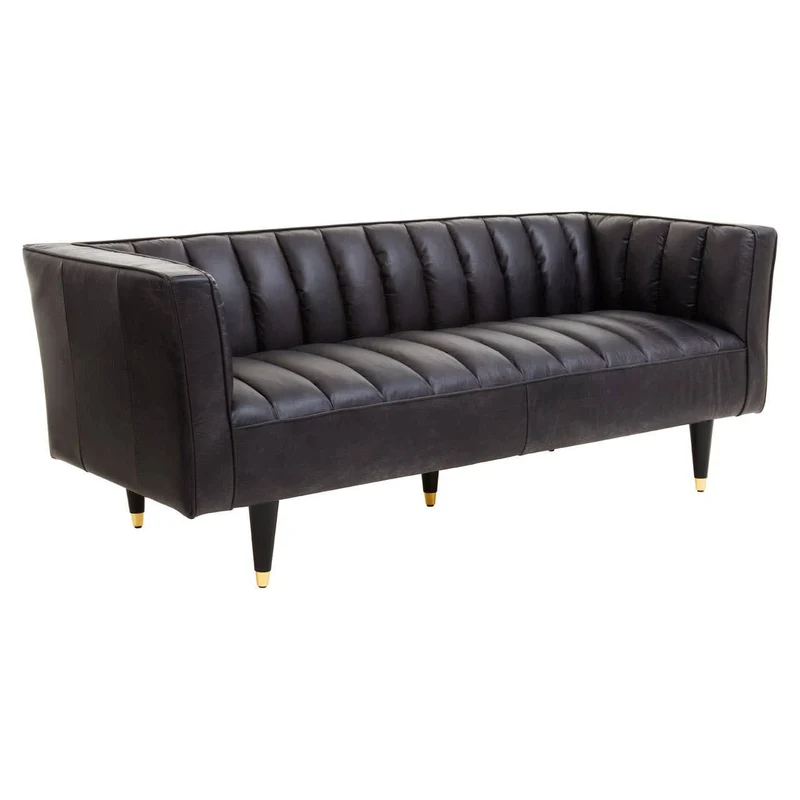 King Three Seater Black Leather Sofa With Flared Arms