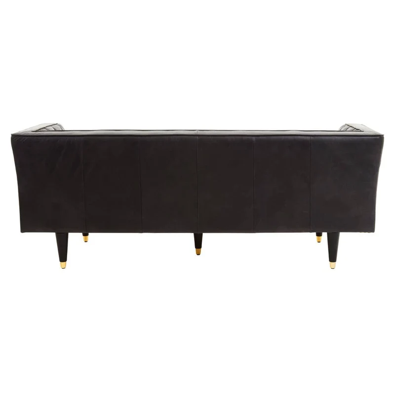 King Three Seater Black Leather Sofa With Flared Arms