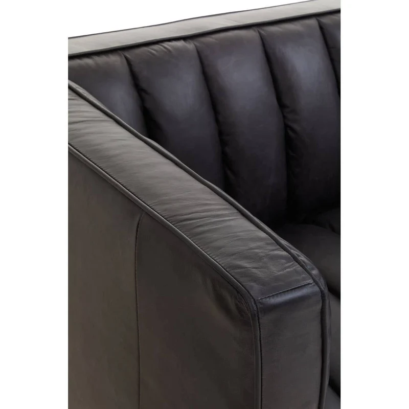 King Three Seater Black Leather Sofa With Flared Arms