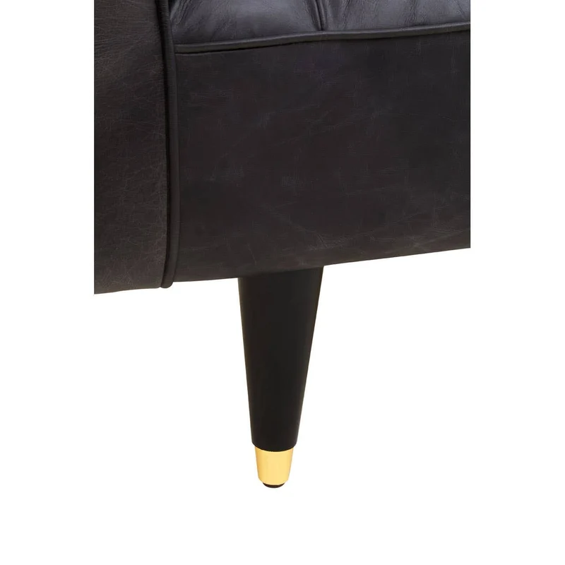 King Three Seater Black Leather Sofa With Flared Arms