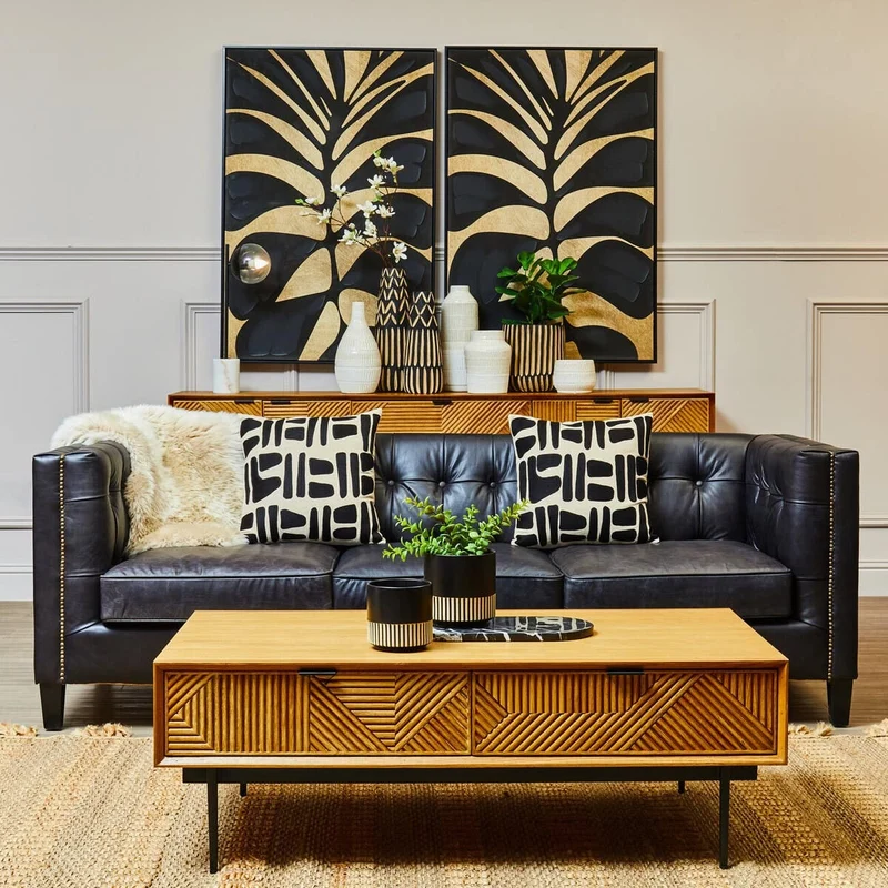 King Three Seater Modern Chesterfield Black Leather Sofa
