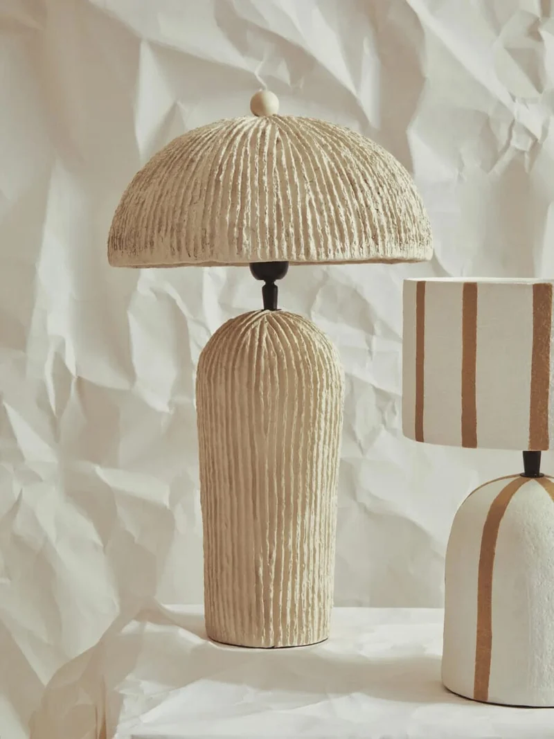 Carta Oatmeal Etched Linear Design Papier Mache Domed Table Lamp