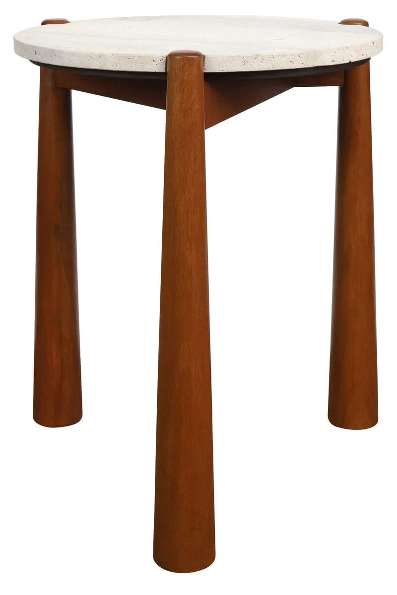 Wilbur Travertine Top and Brown Finish Mango Wood Side Table