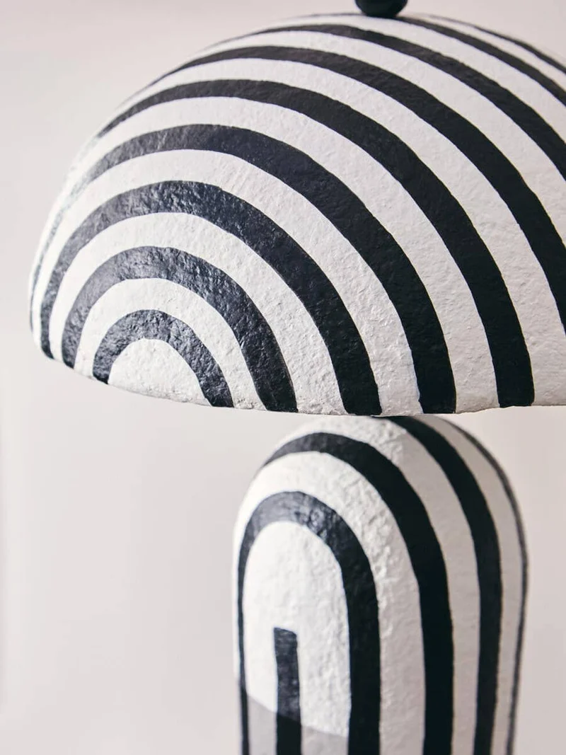 Carta Black and White Stripe Papier Mache Table Lamp with Dome Shade
