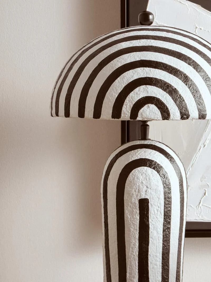 Carta Black and White Stripe Papier Mache Table Lamp with Dome Shade