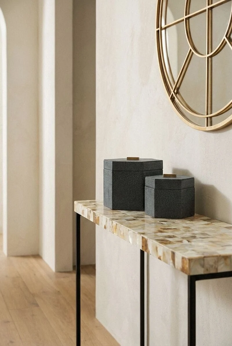Cardona Set Of Two Hexagonal Blue Shagreen Effect Trinket Boxes