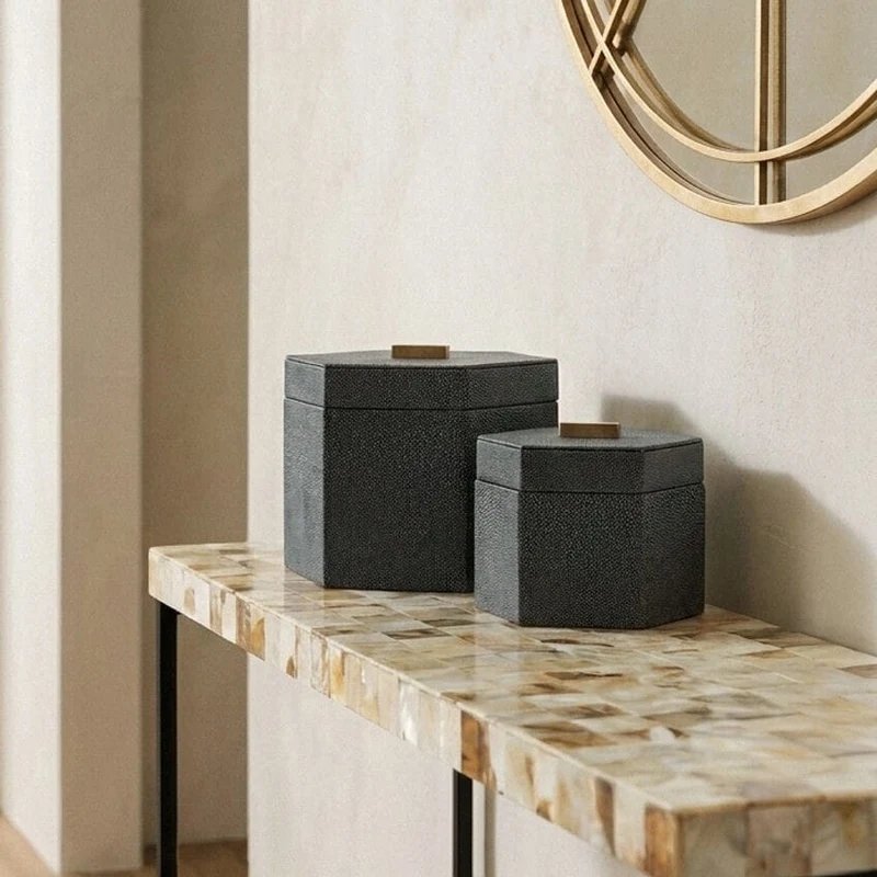 Cardona Set Of Two Hexagonal Blue Shagreen Effect Trinket Boxes