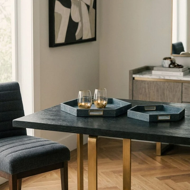 Cardona Set Of Two Hexagonal Blue Shagreen Effect Trays