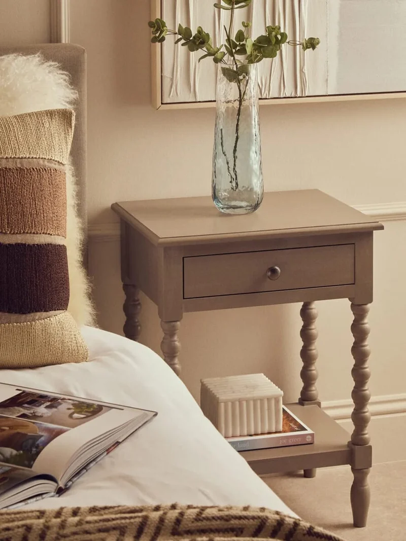 Heritage One Drawer Bobble Detail Grey Wooden Side Table