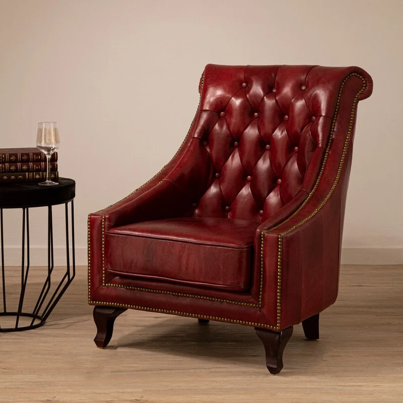 Victor Deep Red Leather Lounge Chair with Tufted Back