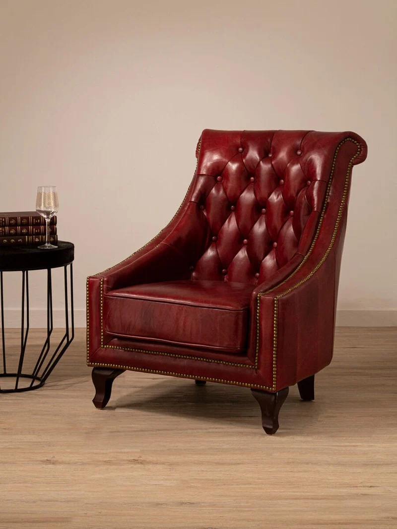 Victor Deep Red Leather Lounge Chair with Tufted Back