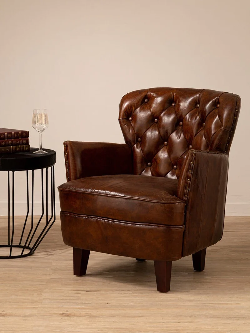 #Victor Brown Leather Armchair with Button Tufted Back