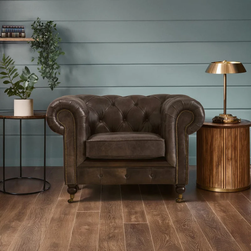Victor Dark Grey Brown Leather Chesterfield Chair