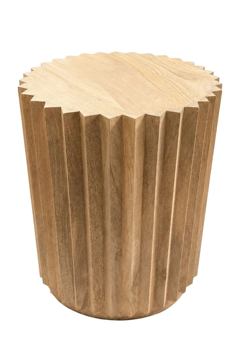 Barto Round Mango Wood Carved Ridged Side Table and Stool