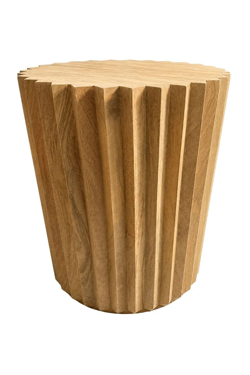 Barto Round Mango Wood Carved Ridged Side Table and Stool