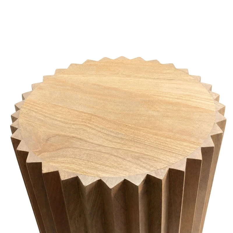 Barto Round Mango Wood Carved Ridged Side Table and Stool