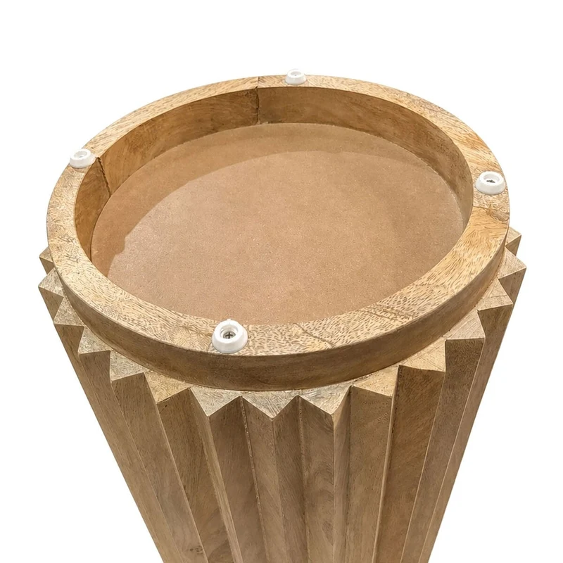 Barto Round Mango Wood Carved Ridged Side Table and Stool