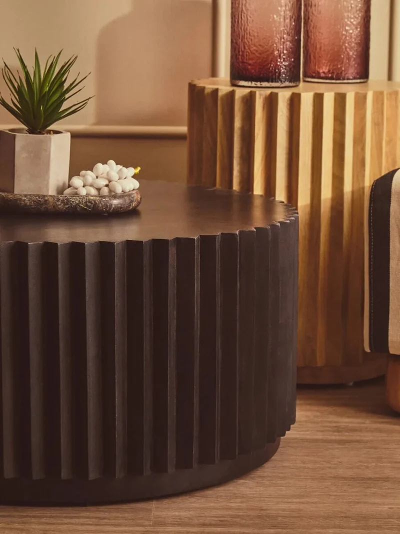 Barto Round Mango Wood Carved Ridged Side Table and Stool