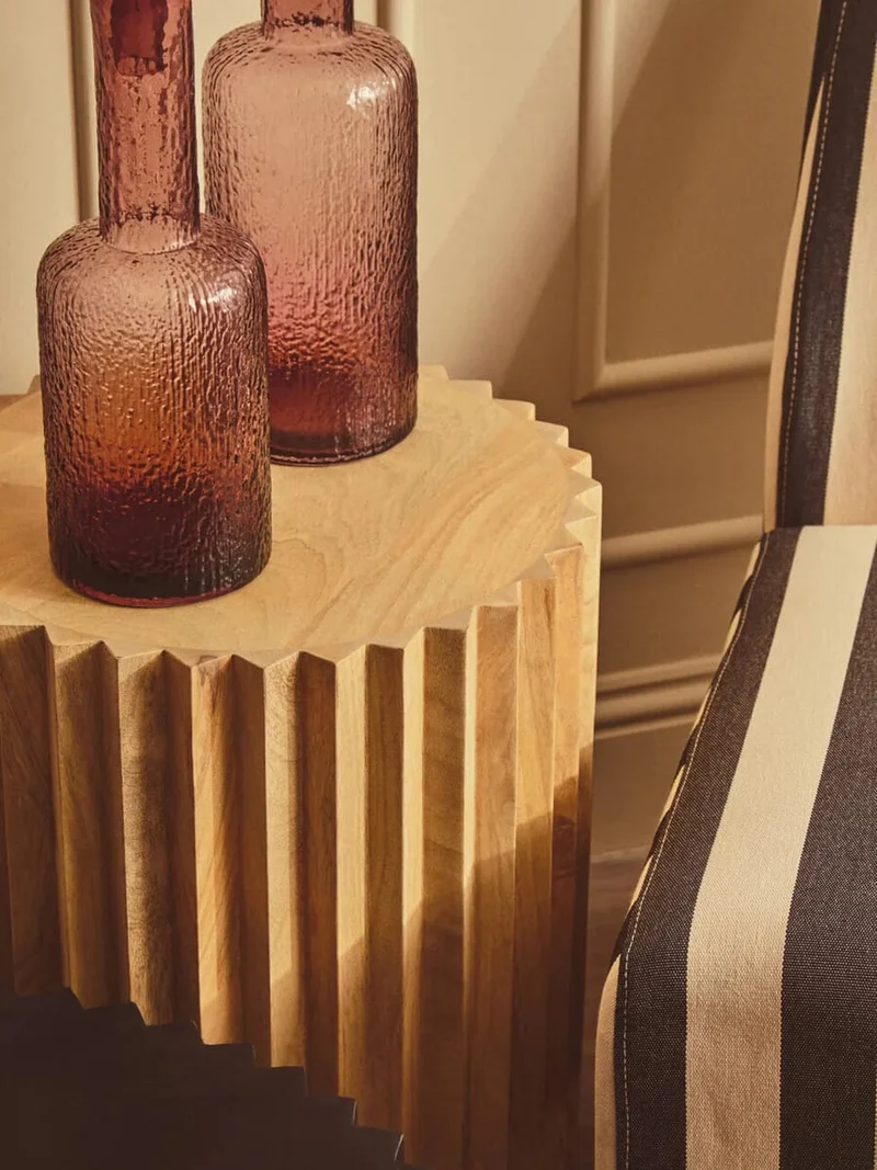 Barto Round Mango Wood Carved Ridged Side Table and Stool