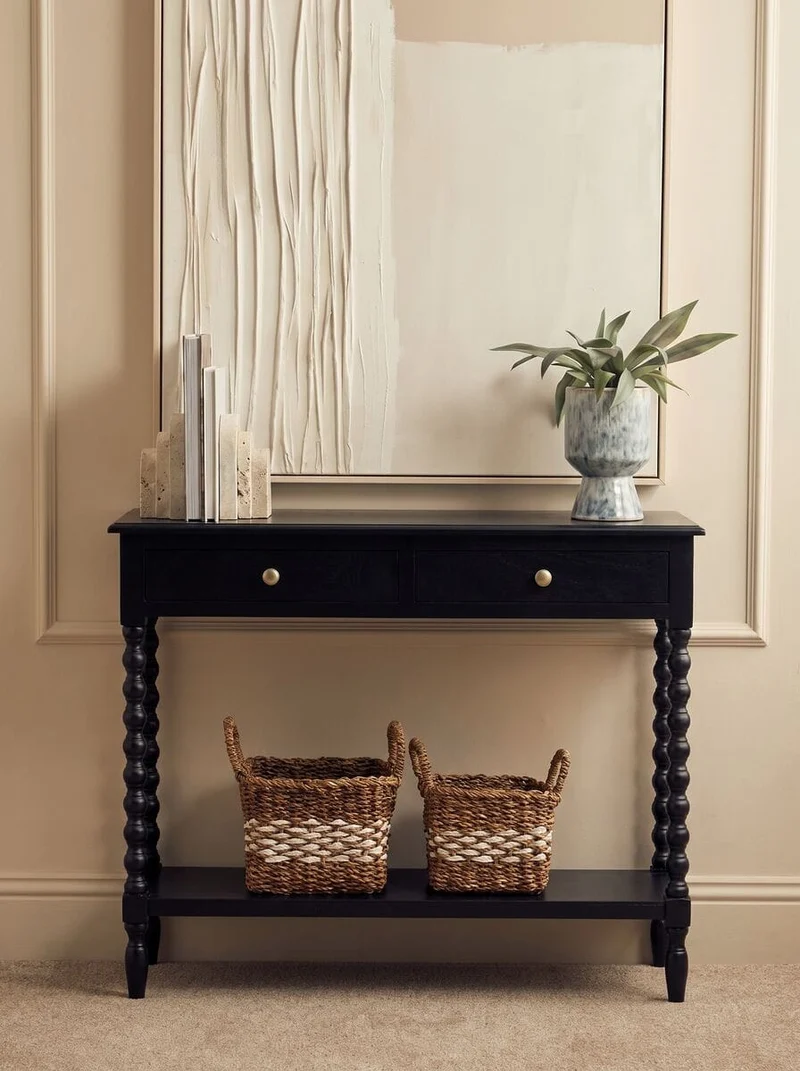 Heritage Two Drawer Bobble Detail Black Wooden Console Table