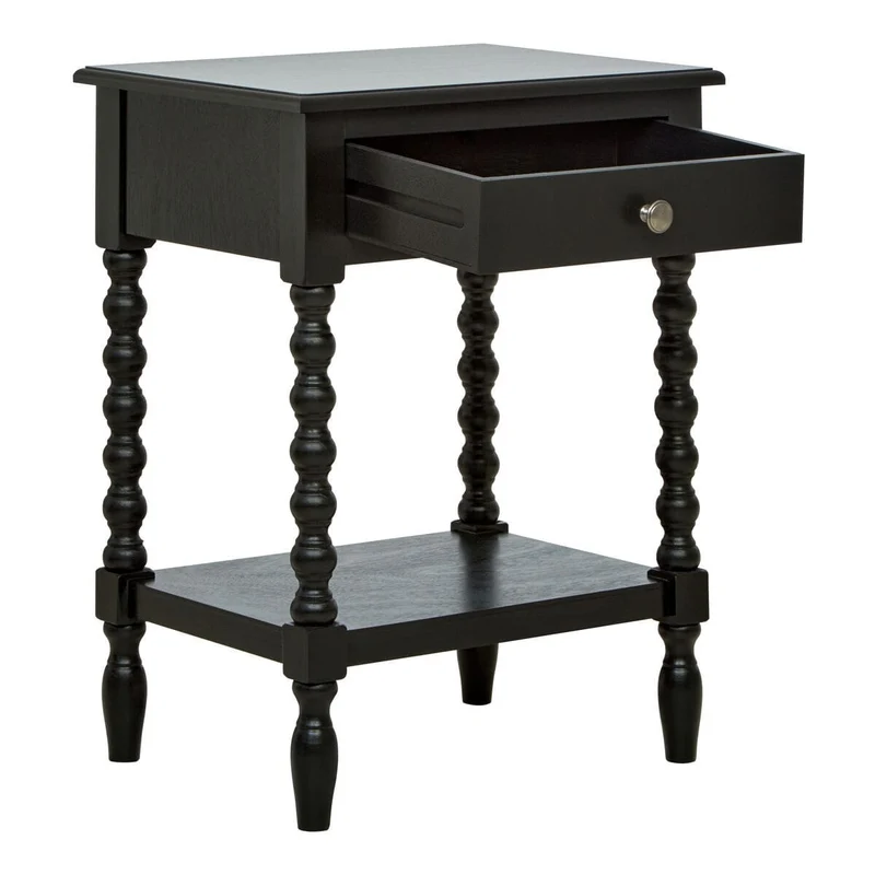 Heritage One Drawer Bobble Detail Black Wooden Bedside Table