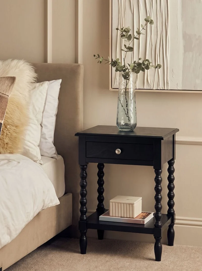 Heritage One Drawer Bobble Detail Black Wooden Bedside Table
