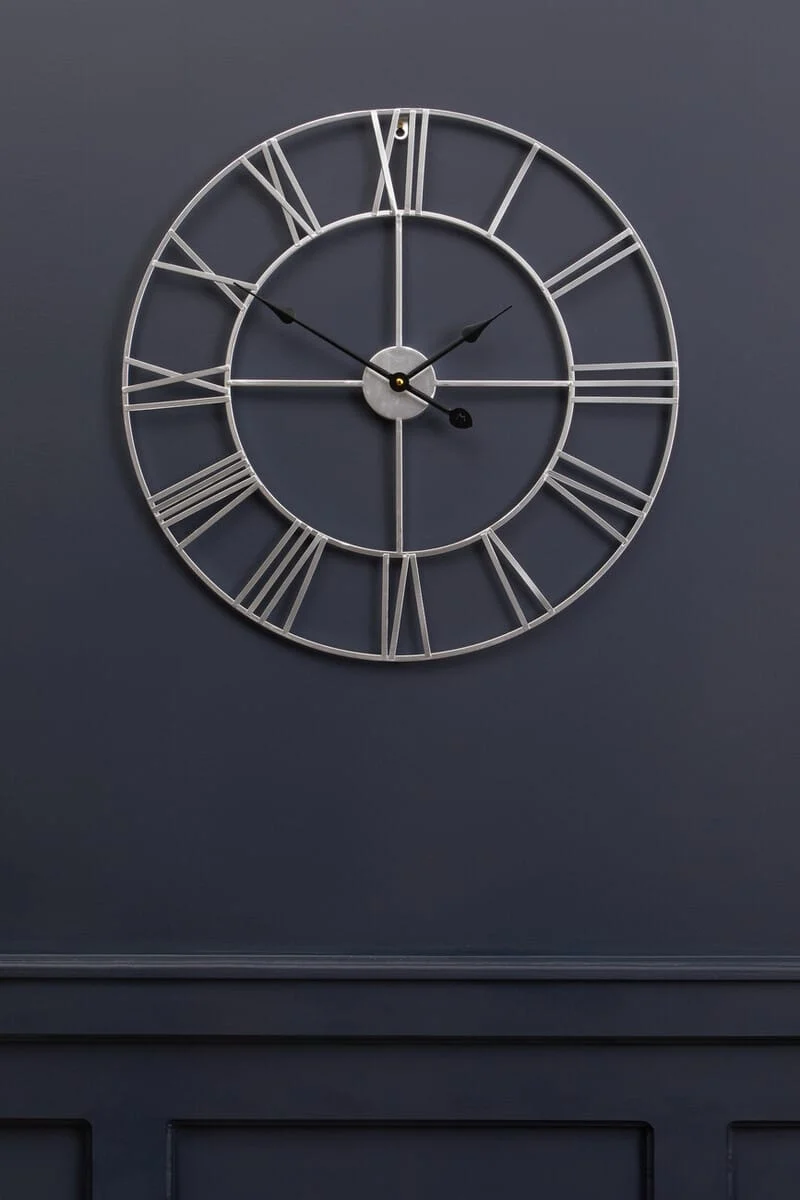 Genova 60cm Dia Silver Metal Roman Numeral Wall Clock