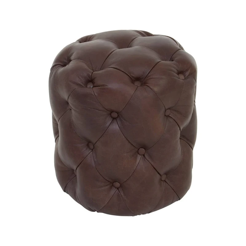 Victor Button Tufted Brown Leather Stool