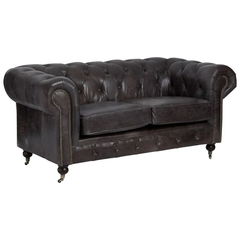 Victor Dark Grey Brown Leather Chesterfield 2 Seat Sofa