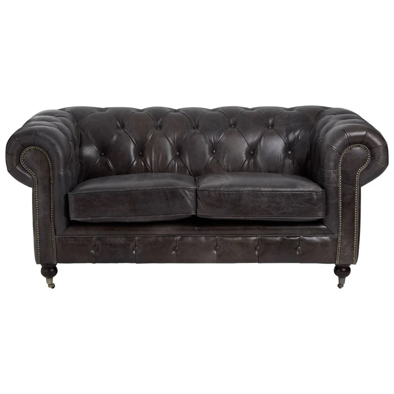 Victor Dark Grey Brown Leather Chesterfield 2 Seat Sofa