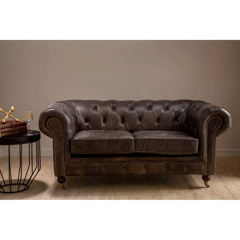 Victor Dark Grey Brown Leather Chesterfield 2 Seat Sofa