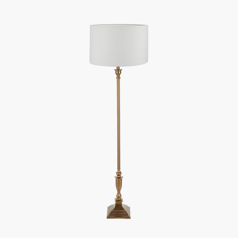 Canterbury Antique Brass Metal Floor Lamp Base with Lino 45cm Cream Self Lined Linen Cylinder Lampshade | OUTLET