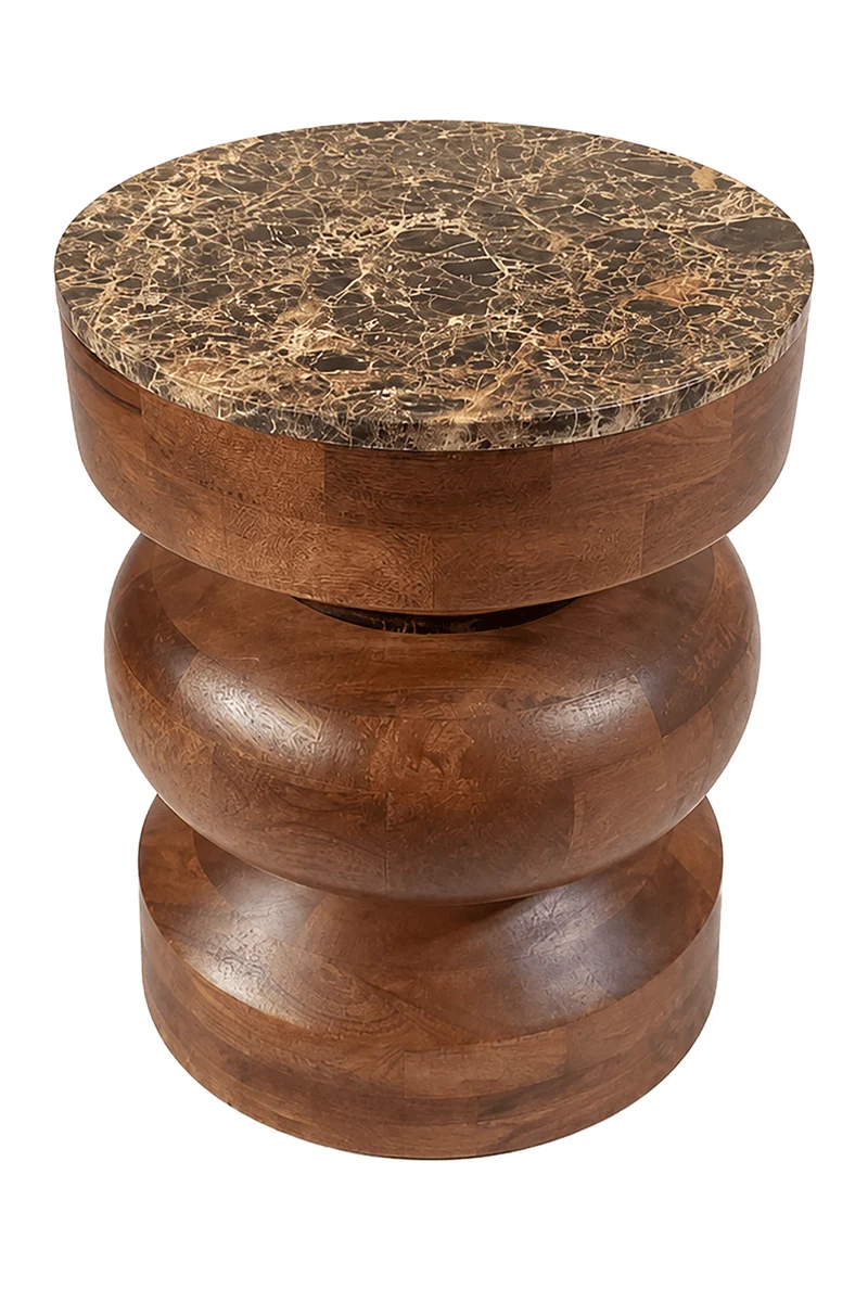 Barola Round Brown Marble and Mango Wood Carved Tiered Side Table